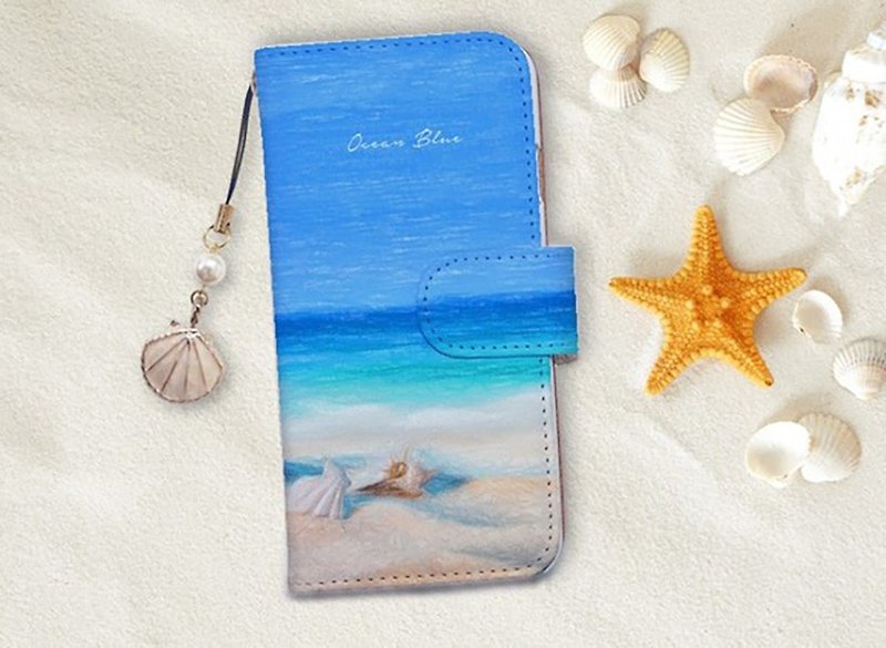 [Compatible with all models] Free shipping [Notebook type] Ocean Blue Spring Seaside iPhone8 / iPhone8 Plus / iPhoneX - Phone Cases - Genuine Leather Blue