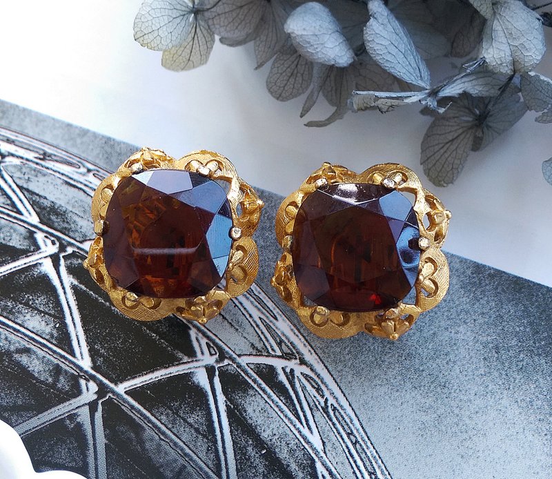 Vintage Jewelry 西洋古董飾品 FLORENZA  琥珀色調 夾式耳環 - 耳環/耳夾/耳骨夾 - 其他金屬 金色