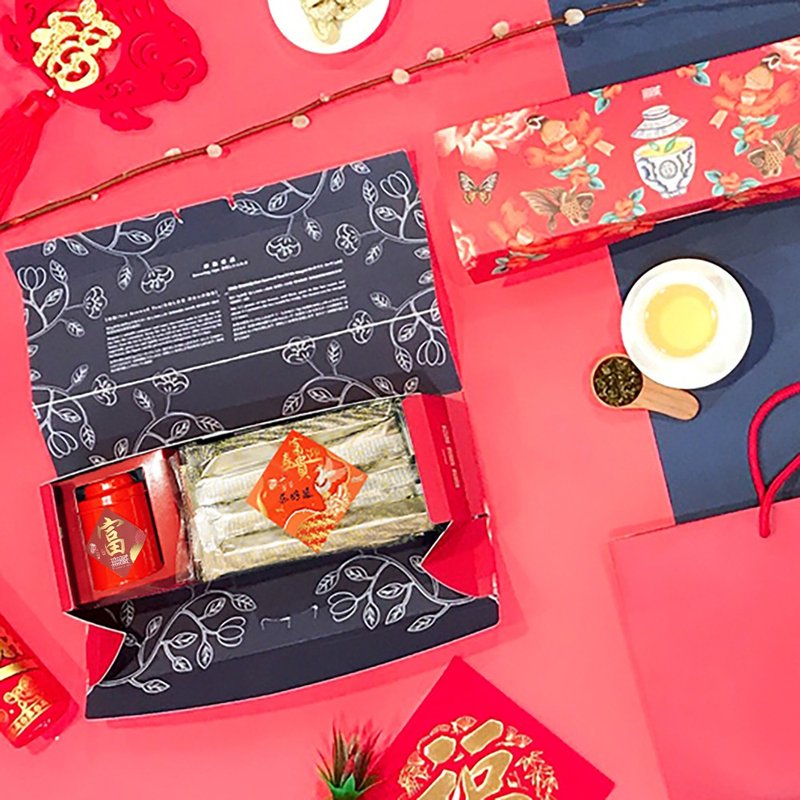 G [Wuzang] New Year and Spring Festival Charity Festive Long Gift Box - Comprehensive tea and food gift (1 tea can + 1 cake) - ชา - อาหารสด สีแดง