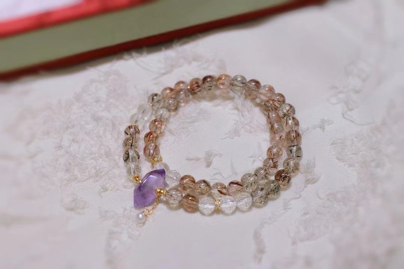 原創天然黑金超七雙圈手鏈搭配紫超七雙尖 白水晶 母親節禮物招財 - 手鍊/手環 - 水晶 