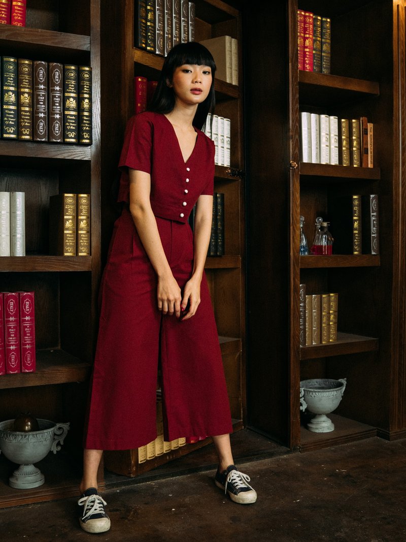 (SIZE S) RED COTTON LINEN BUTTON FRONT CROP TOP - 女上衣/長袖上衣 - 棉．麻 紅色
