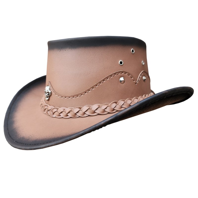 Outback Leather Cowboy Hat with Skull Accent - 帽子 - 真皮 卡其色