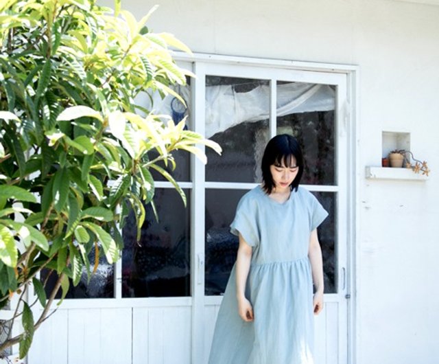 Linen＆Organiccottonガーゼ ゆったり半袖ロングワンピース