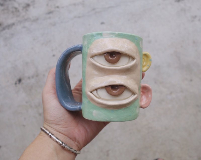 Handmade ceramic mug 2 eye in green pastel :) - Pottery & Ceramics - Pottery Green