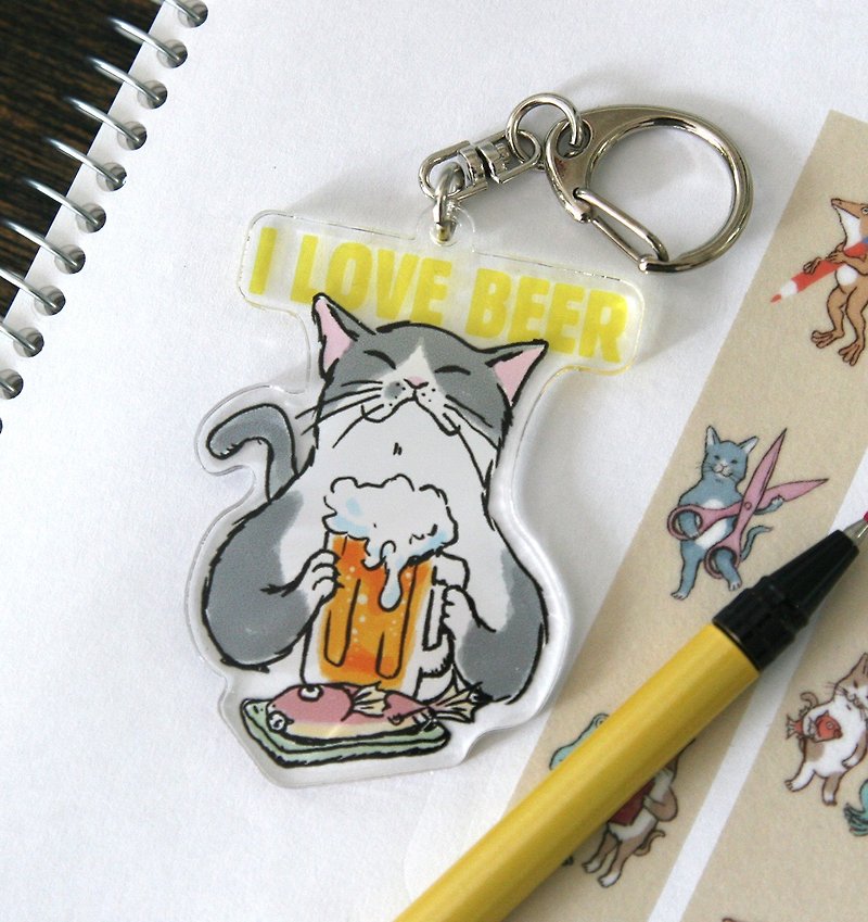 Acrylic keychain cat toasting with beer - Keychains - Paper Gray