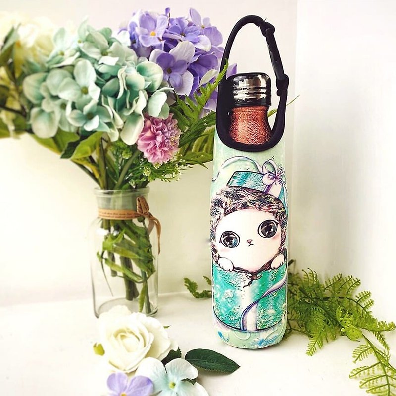 Thermos bottle cover | water bottle cover | button, portable, side back-pink green super cute gift cat - ถุงใส่กระติกนำ้ - วัสดุกันนำ้ สีเขียว