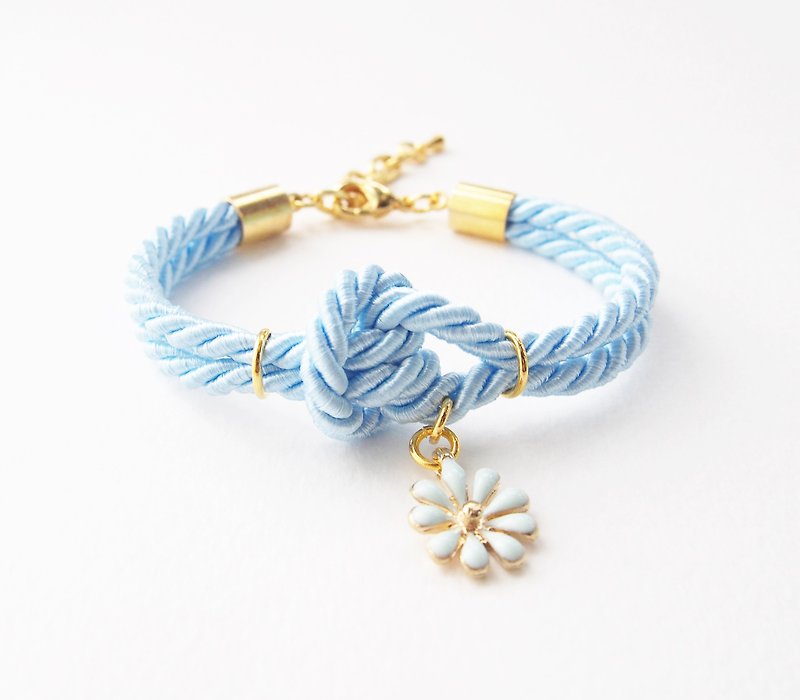 Baby blue knot rope bracelet + flower charm - Bracelets - Other Materials Blue