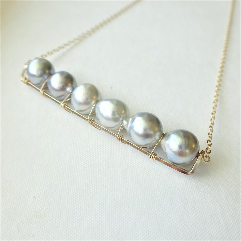 14kgf*Japanese Akoya sea pearl line bar necklace NATURAL SILVER - Necklaces - Gemstone Silver