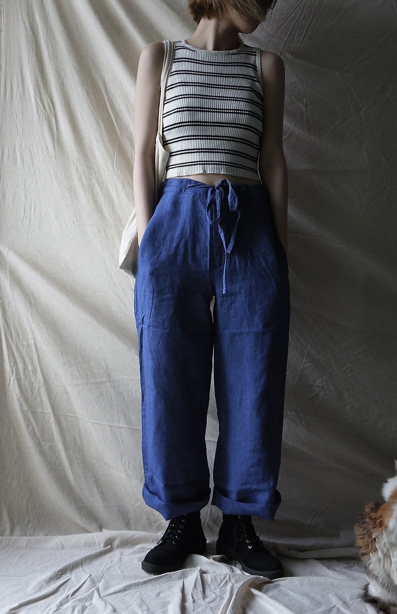linen pant Denim tannin linen drawstring wide-leg trousers - Men's Pants - Cotton & Hemp Blue
