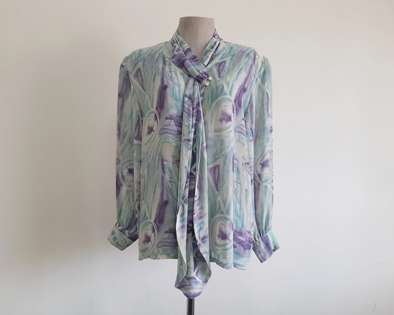 Large Vintage Purple Green Abstract Print Blouse Womens Sheer Chiffon Top L - 女上衣/長袖上衣 - 聚酯纖維 綠色