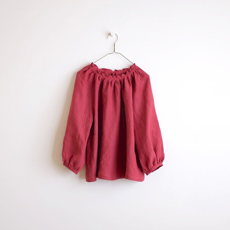 Daily hand-made suit Raspberry red puff sleeve elastic blouse linen special - Women's Tops - Cotton & Hemp Red