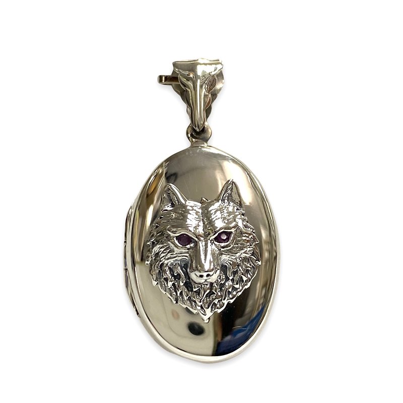 Victorian Style Wolf Head Oval Locket Pendant with Ruby Stone 925 Sterling Silve - 項鍊 - 純銀 銀色
