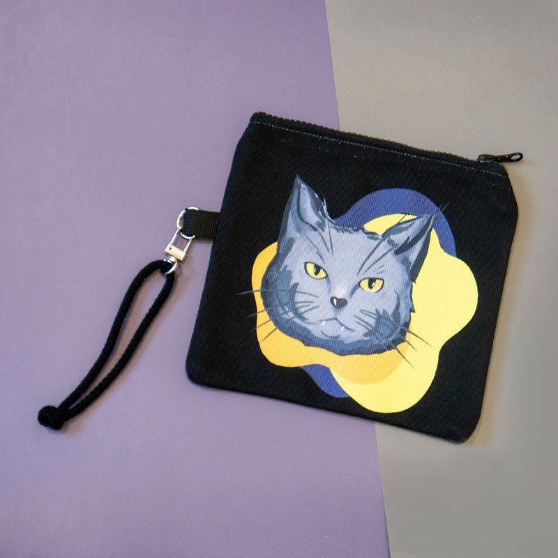 貓咪插畫帆布小袋黑色-英短貓 - 化妝包/收納袋 - 聚酯纖維 黑色