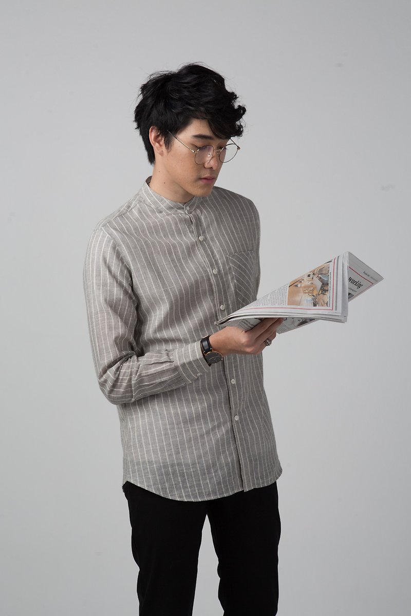 JUN Breton Banded Stripe Cotton Long Sleeve Shirt Gray Collar - 男襯衫/休閒襯衫 - 棉．麻 灰色
