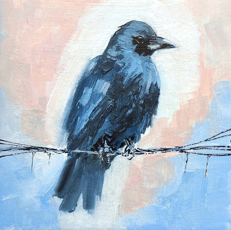 Crow Painting Raven Original Wall Art Bird Artwork Mini Oil Picture, 手工油畫, 油畫原作 - 海報/掛畫/掛布 - 其他材質 多色