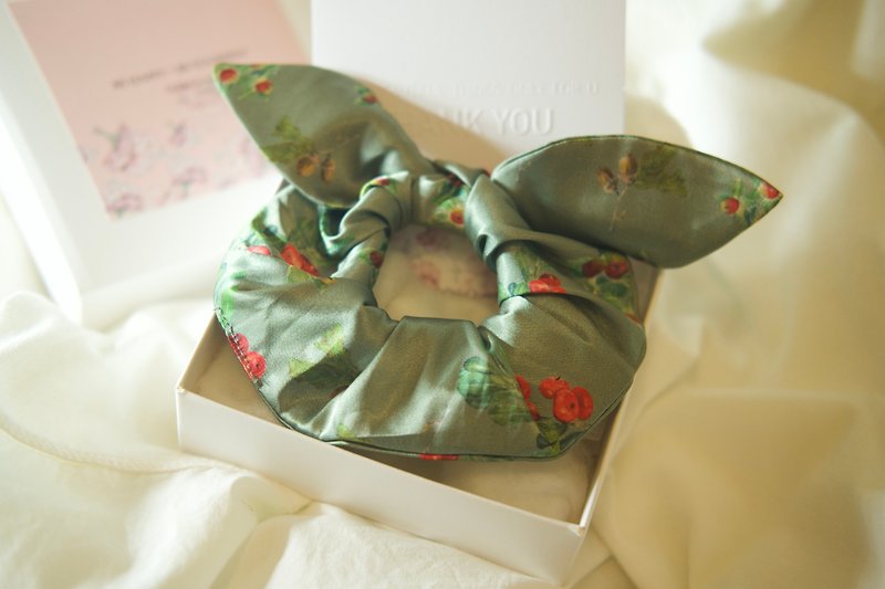Christmas Berries Pink Small Satin Bow Donut Scrunchie - Hair Accessories - Silk Green