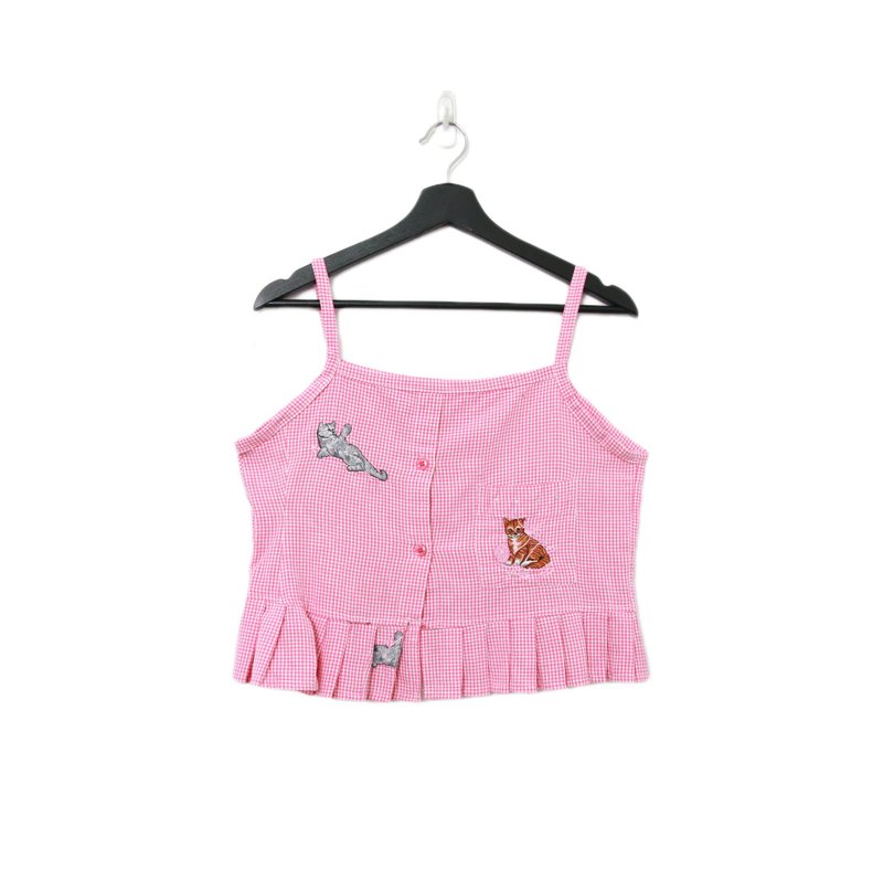 Back to Green-再製刺繡背心 小貓與毛線球 sv-26/vintage vest - 背心/無袖上衣 - 棉．麻 