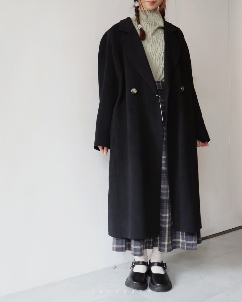 Early spring retro tailoring Japanese loose long black wool vintage coat - Women's Casual & Functional Jackets - Wool Black