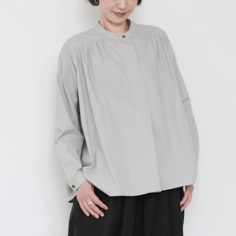 OMAKE.jp 單釦無領寬版上衣CarlShirt 淺灰 - 女上衣/長袖上衣 - 棉．麻 灰色
