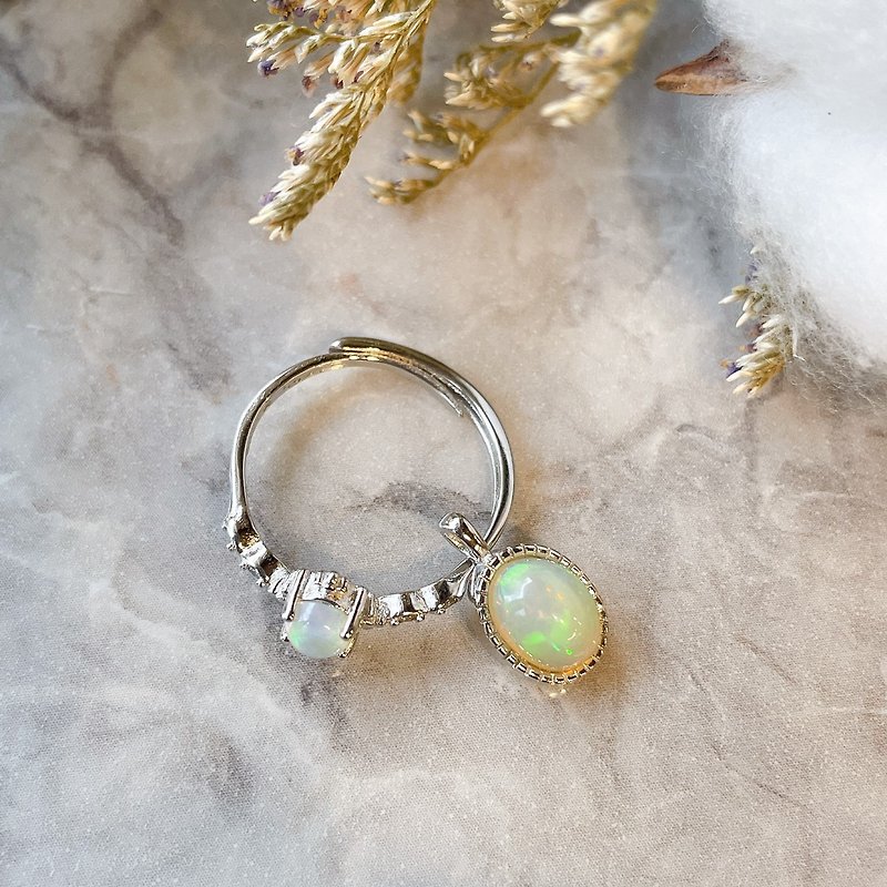 Double Pair Pair | Color Opal Opal s925 Sterling Silver Necklace Ring - แหวนทั่วไป - เงิน หลากหลายสี
