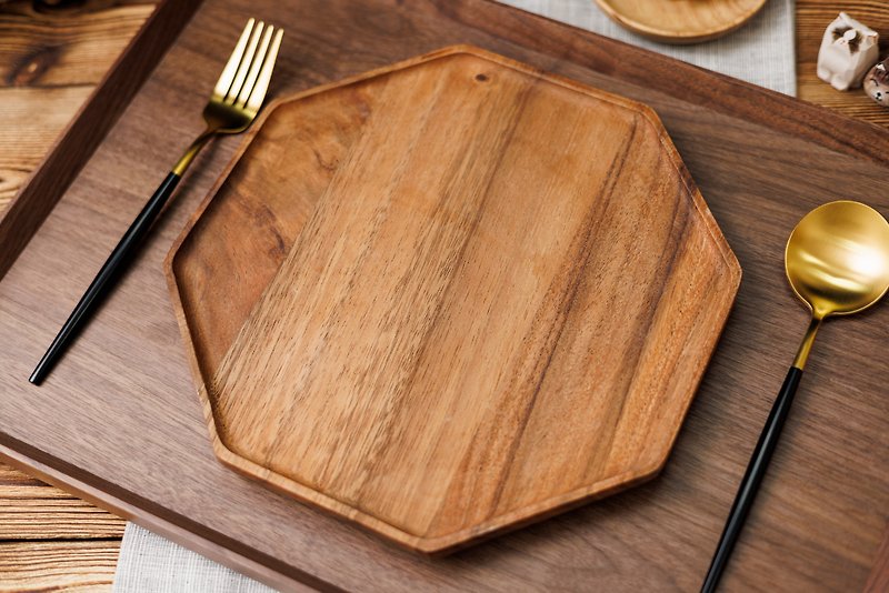 Islandoffer Acacia wood Octagon Tray Plate for Cake Bread Plate Tea Tray - Plates & Trays - Wood Gold