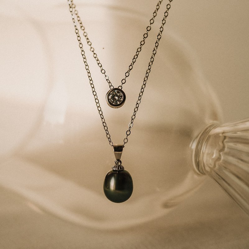 Monique_Solitaire Necklace & South Sea Pearl Double Chain Combined - Necklaces - Pearl Black