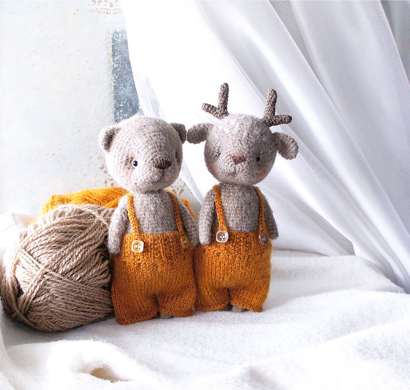 Set of Soft Deer and Bear, Woodland Stuffed Animals Dolls, Dolls with clothes - 公仔/玩偶 - 羊毛 橘色