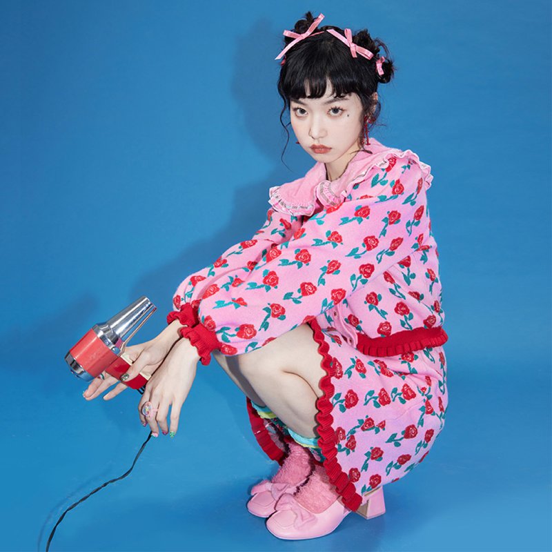 復古玫瑰針織提花毛衣外套開衫荷葉邊上衣 - 女上衣/長袖上衣 - 其他材質 多色