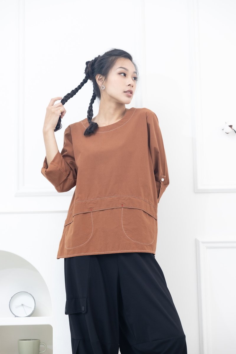 兩側U型口袋上衣 磚紅棕色 - 女上衣/長袖上衣 - 其他材質 紅色