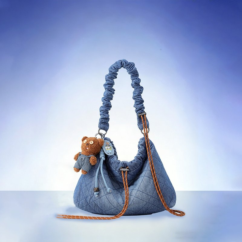 【滿額贈】Minions Tim 織物束繩雲朵包 (大號) - 側背包/斜背包 - 棉．麻 藍色