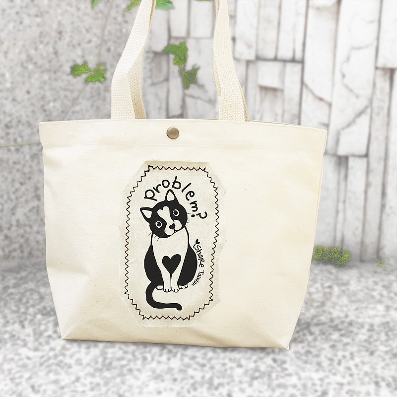 Cat - Handmade Sewing No Dyed (Fabric) Canvas Bag Bag / Shoulder Bag (Small Bag / Eco Bag / Carry Bag / Porter Bag / Small Tote) - อื่นๆ - ผ้าฝ้าย/ผ้าลินิน ขาว