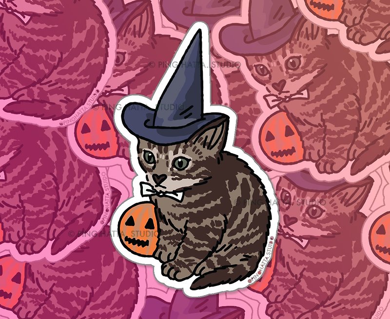 Tiny Cat Witch With Pumpkin Spooky Meme Die Cut Sticker - Stickers - Plastic 