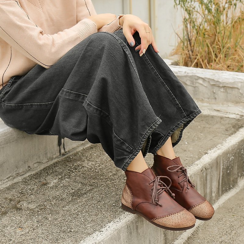 Handmade Retro Genuine Leather Lace Up Flats Splicing Design Round Toe Ankle - รองเท้าหนังผู้หญิง - หนังแท้ สีดำ