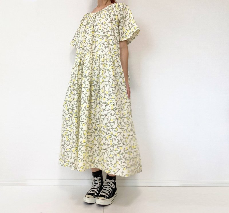 lemon pattern short sleeve dress　cotton　White - One Piece Dresses - Cotton & Hemp White