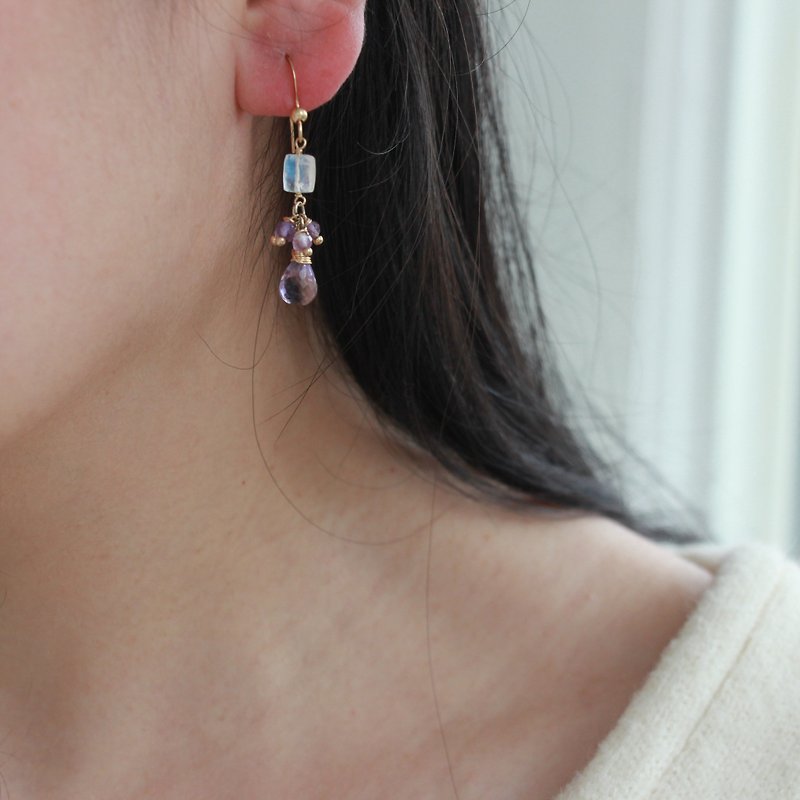 14kgf natural moonstone amethyst drop earrings - Earrings & Clip-ons - Crystal Multicolor