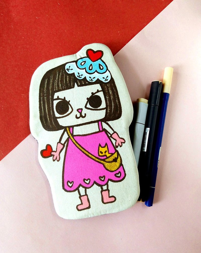Handmade Hand paint Bob hair Mei Mei Cat pencil case beauty bag storge bag - Pencil Cases - Cotton & Hemp White