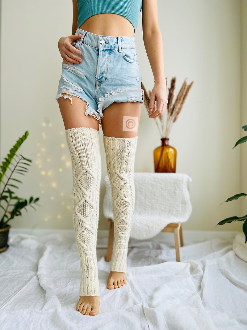 Toeless leg warmers Women stockings Wool winter socks Yoga thigh high stockings - ถุงน่อง - ขนแกะ ขาว