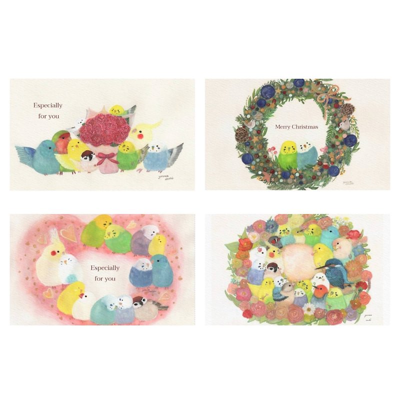 Bird and flower wreath mini message card set 4 types, 4 cards each, total 16 cards - การ์ด/โปสการ์ด - กระดาษ หลากหลายสี