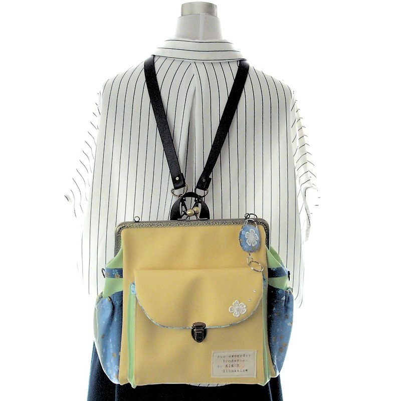 Sakura dance 3 WAY Right side with zipper Round cell Backpack Citrus gradation - Backpacks - Genuine Leather Yellow