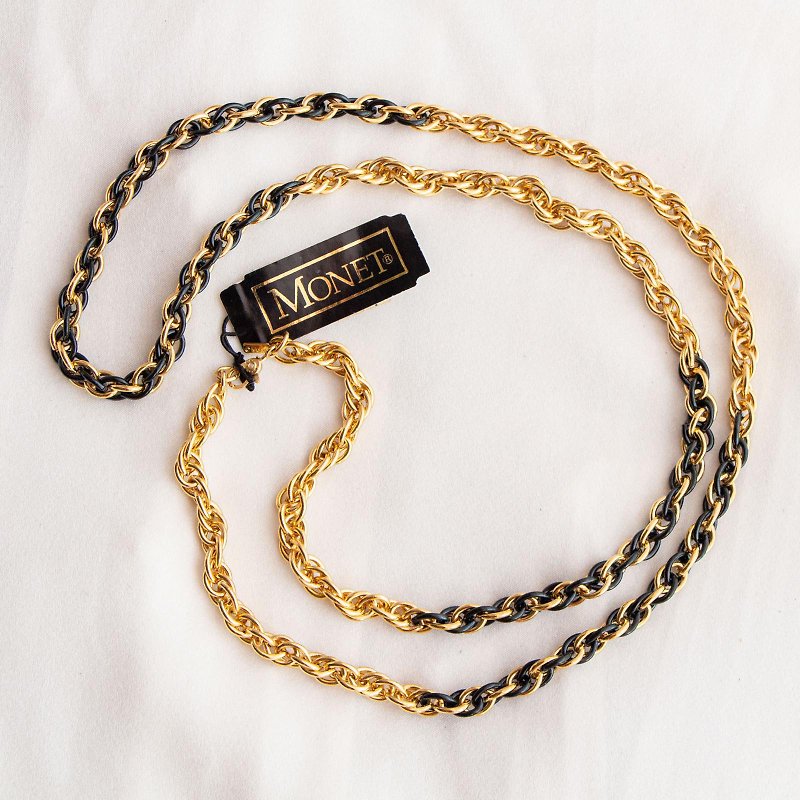 American Monet brand antique black enamel interlaced chain gold-plated long necklace new stock - สร้อยคอ - โลหะ สีทอง