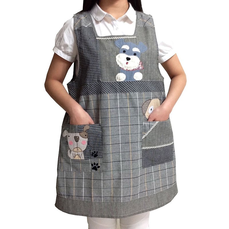 [BEAR BOY] wind double pocket Meng Meng da Schnauzer apron - gray - ผ้ากันเปื้อน - วัสดุอื่นๆ 