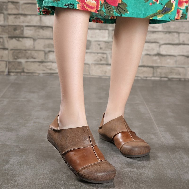 Handmade leather single shoes original Mori flat women's shoes color matching two wearing women's shoes - รองเท้าหนังผู้หญิง - หนังแท้ สีกากี