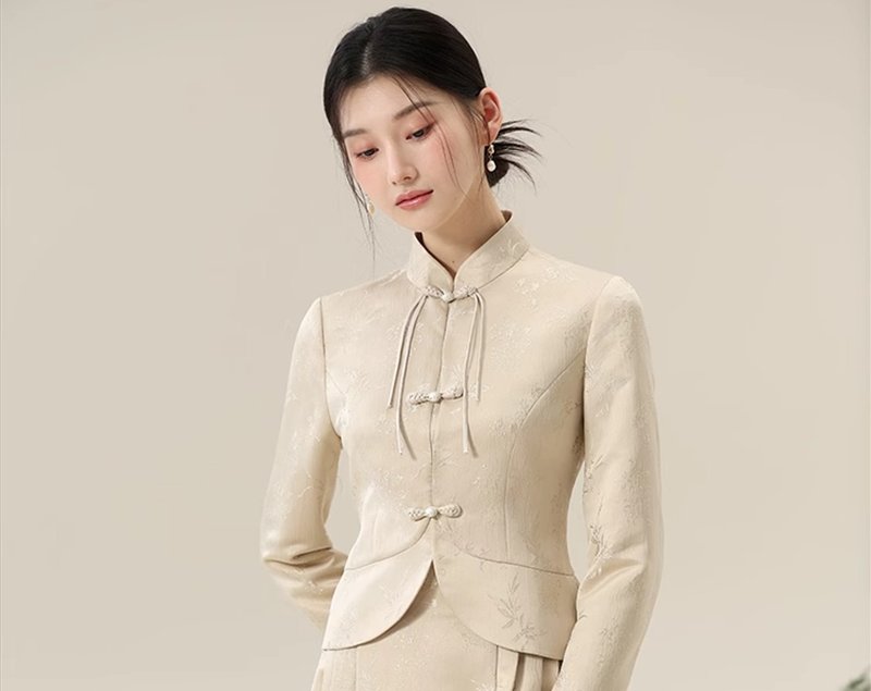 新中式復古中國風 立領提花上衣/半裙 - 洋裝/連身裙 - 其他材質 卡其色
