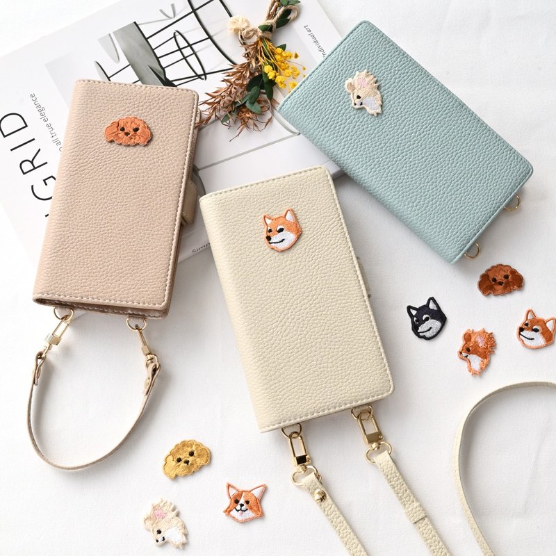全機種対応 スマホケース 縦向き 手帳型 【 Simple ワッペン 犬 】 スマホショルダー くすみカラー プレゼント A253I - 手機殼/手機套 - 人造皮革 咖啡色