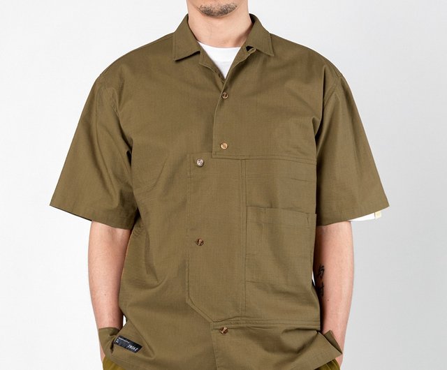 Open Collar Block Shortsleeve Shirt Yellowish brown - Shop