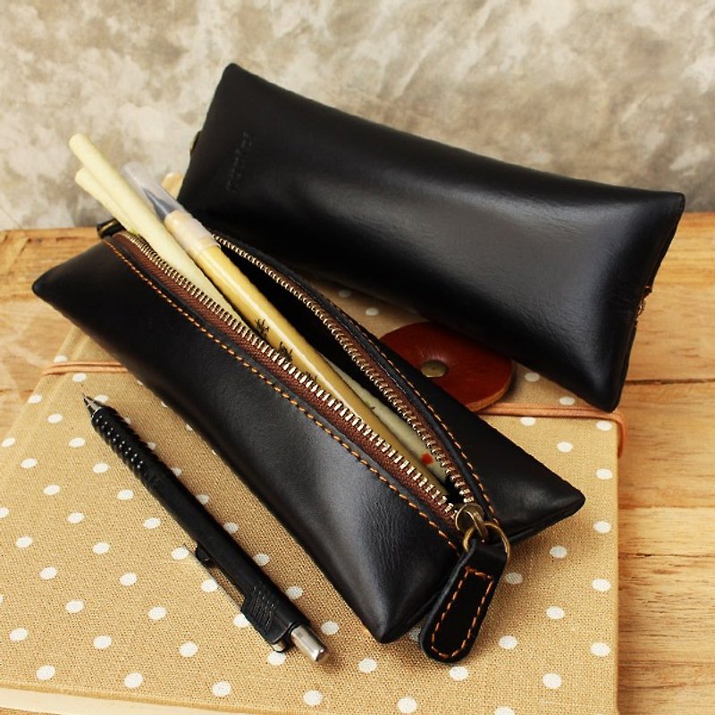 Pencil case - Flat - Black (Genuine Cow Leather) / Pen case / Accessories case - Pencil Cases - Genuine Leather 