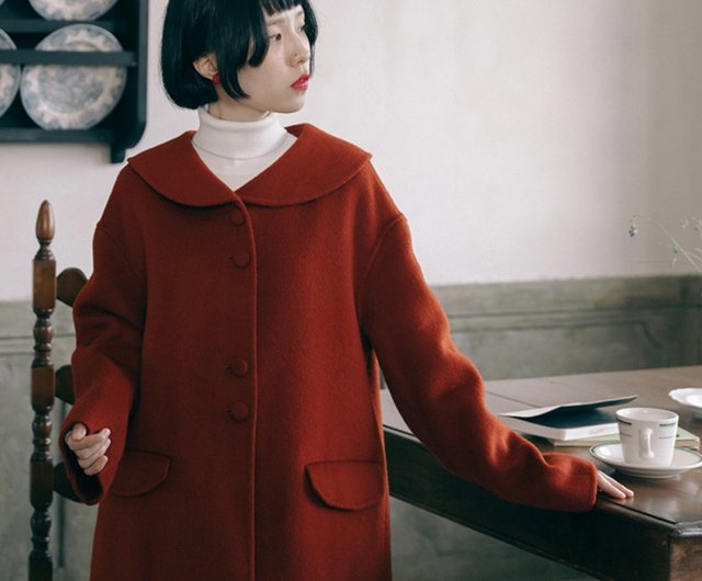 新年の幸運を呼ぶレッドウールコート ミドル丈 秋冬ウールコート
