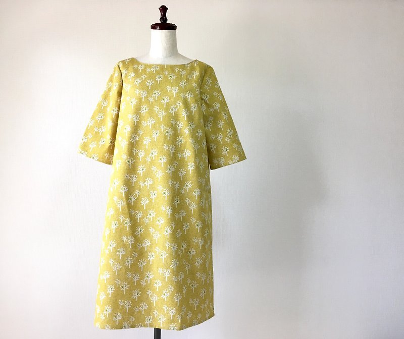 Tree half-sleeve one-piece cotton linen mustard yellow - One Piece Dresses - Cotton & Hemp Yellow
