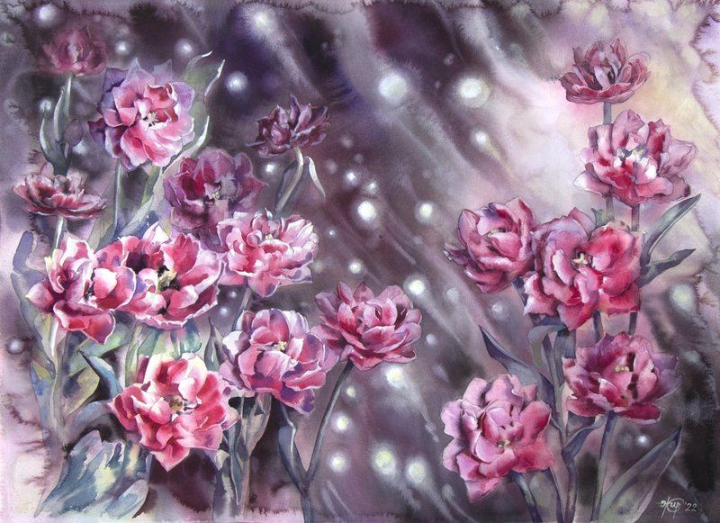 Tulips original watercolor painting by artist Irina Zhunaeva - 海報/掛畫 - 紙 粉紅色