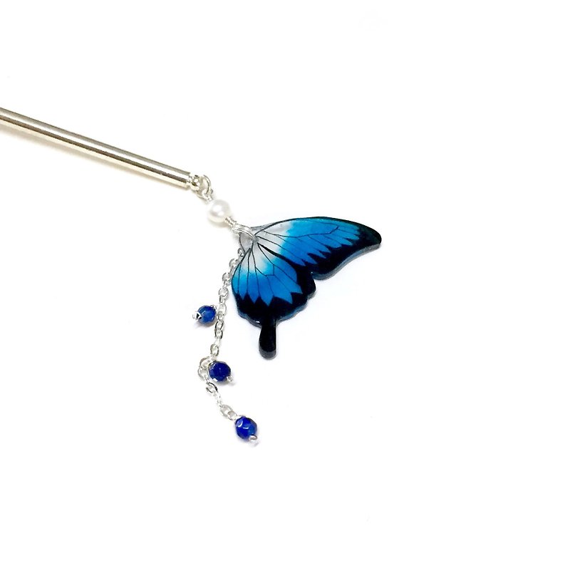 （メタルヘアピン）バタフライVの思い出。片側の蝶。手描きの楽園の艶をかけられたアゲハチョウ。ヘアピン - ヘアアクセサリー - 宝石 ブルー